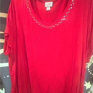 Jaclyn Smith Red Blouse with Embellished Neckline